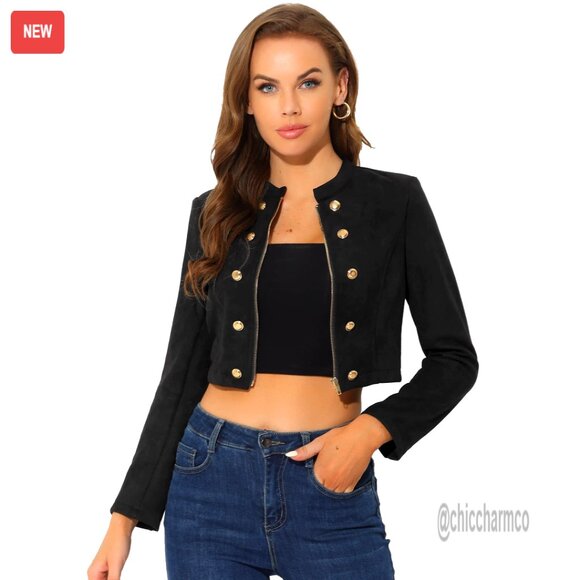 Jackets & Blazers - Cropped Faux Suede Jacket Double Breasted Zip Up Vintage Moto Style
